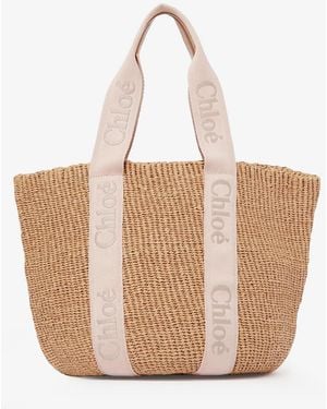 Chloé Shoulder Bag Woody Raffia Raffia/Leather - White