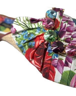 Dolce & Gabbana Floral Flats Crystal Sandals Shoes Cotton - Red