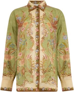 Zimmermann Printed Silk Shirt — Khaki Floral - Green