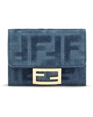 Fendi Trifold Wallet With Ff Monogram Jacquard Cotton; Viscose - Blue