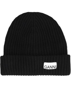 Ganni Ribbed Knit Beanie Wool Hat - Black
