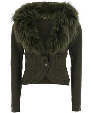 Markgong Wool And Cashmere Cardigan With Fox Fur Collar Top - Green