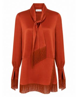 ROWEN ROSE Terracotta-Colored Satin Mini Dress With Scarf Collar And Fringes