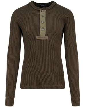 Dolce & Gabbana Ribbed Cotton Jumper With Metal Logo On The Front - Green