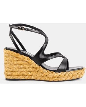 Jimmy Choo Ayla 85 Leather And Woven Raffia Wedge Sandal - Black