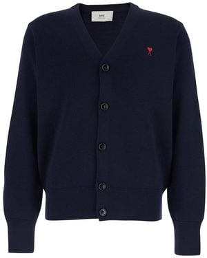 Ami Paris Cardigan With V-Neck And Adc Embroidery On Front - Blue