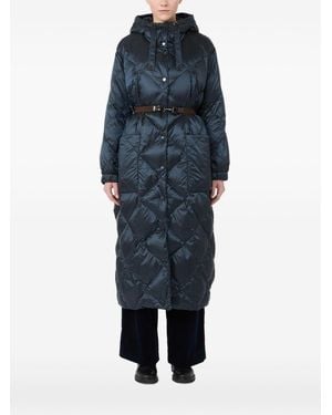 Max Mara Mtcabete Midnight Water-Repellent Quilted Canvas Long Hooded Down Jacket With Belt - Blue