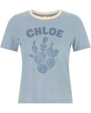Chloé Cactus Logo-Print Cotton T-Shirt - Blue