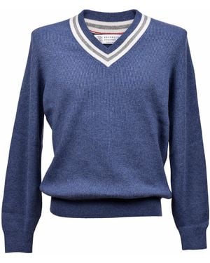 Brunello Cucinelli Ribbed Vneck Jumper - Blue