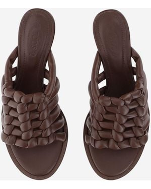 Tod's Woven Leather Sandals With Medium Heel Calfskin - Brown