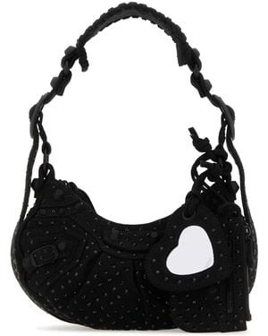 Balenciaga Embellished Denim Le Cagole Xs Shoulder Bag - Black