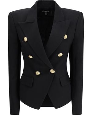 Balmain 6 Buttons Fitted Grain De Poudre Jacket Fleece Wool Ovis Aries - Black