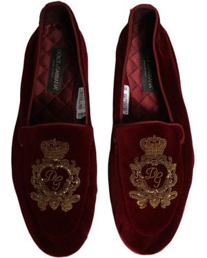 Dolce & Gabbana Velvet Crown Embroidery Loafers Shoes Leather - Purple