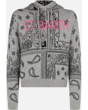 MC2 Saint Barth Meg Cropped Hoodie Blended Cashmere With Bandana Print Knitwear - Grey