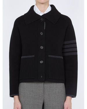 Thom Browne Veste Polo Col Double Piqûre En Coton Et Laine Mérinos À Rayures 4 Barres Jacket - Black