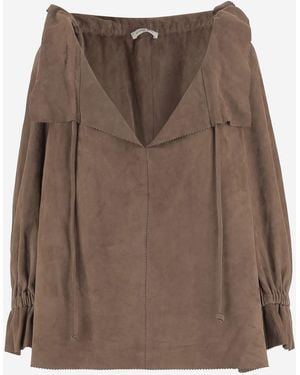 By Malene Birger Suede Blouse With Ruffled Neckline Goat Leather Shirt - Brown
