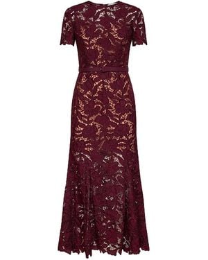 Self-Portrait Burgundy Macramé Lace Belted Midi Dress - Purple