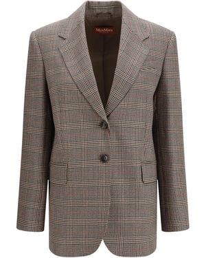 Max Mara Checked Pattern Wool Blazer Fleece Ovis Aries Jacket - Brown