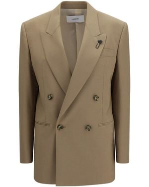 Lardini Double-Breasted Stretch Wool Blend Blazer - Natural