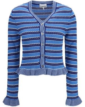 Ganni Striped Cotton Cardigan - Blue
