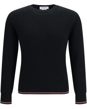 Thom Browne Crewneck Cotton Knit Sweater With 4-Bar Detail - Blue