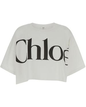 Chloé Cropped T-Shirt With Logo Lettering Print - Grey