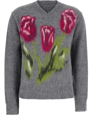 Maison Margiela V-Neck Wool-Blend Sweater Tops - Gray