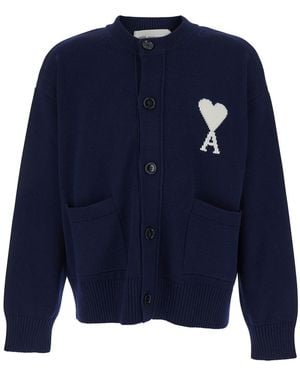 Ami Paris Crew Neck Cardigan With Contrasting Adc Logo - Blue