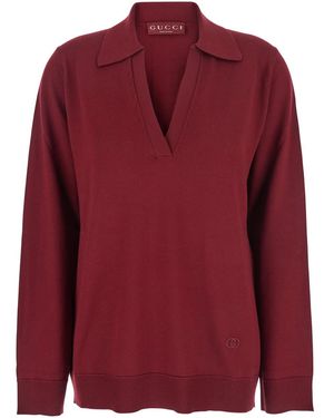 Gucci Bordeaux Polo Collar Jumper With Gg Logo On The Front - Red