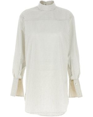 Dries Van Noten Cotton Grid Mock-Neck Shirt - White