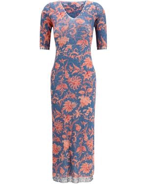 Etro Stretch Tulle Midi Dress With Floral Motif Polyamide - Multicolor