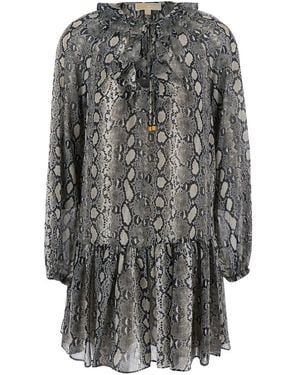 MICHAEL Michael Kors Crewneck Mini Dress With Long Puffed Sleeves And All-Over Snakeskin Print - Gray