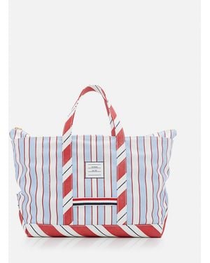 Thom Browne Logo Patch Striped Tote Bag - White