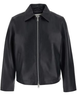sunflower Short Leather Jacket With Collar And Pockets, Leather - Black