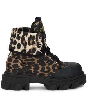 Ganni Ankle Boots Leopard Print Cotton - Black