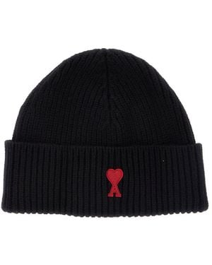 Ami Paris Beanie With Turn-Up Brim And Adc Embroidery On The Front - Black