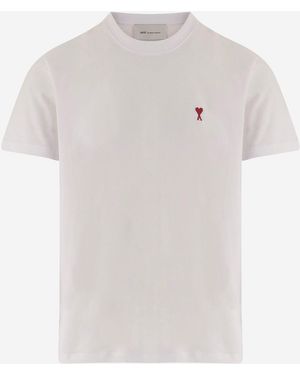 Ami Paris Cotton T-Shirt With Embroidered Logo T-Shirts - White