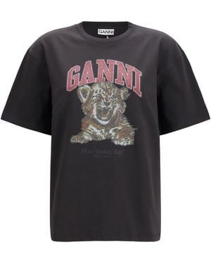 Ganni Tiger Cotton T-Shirt T-Shirts - Black