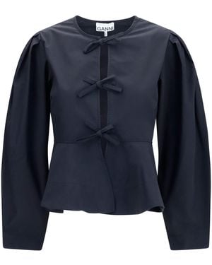 Ganni Cotton Poplin Blouse With Bows Shirt - Blue