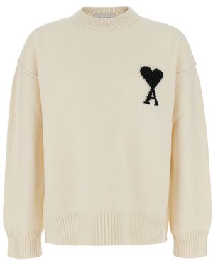 Ami Paris Crewneck Sweater Ami De Coeur Cotton Tops - White