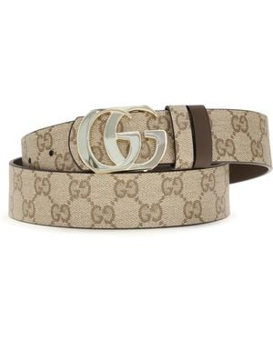 Gucci Reversible Cut Gg Marmont Belt Cotton; Linen; Polyurethane E Braces - Metallic