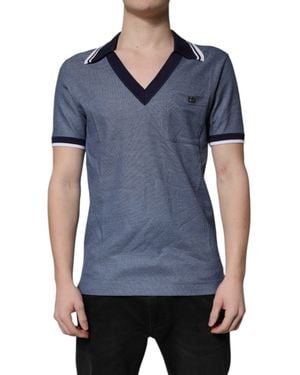 Dolce & Gabbana Collared V-Neck Silk Blend Polo T-Shirt Cotton - Blue