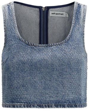 Self-Portrait Rhinestone Denim Crop Top - Blue