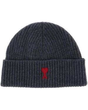 Ami Paris Beanie With Adc Embroidery, Wool Hat - Blue