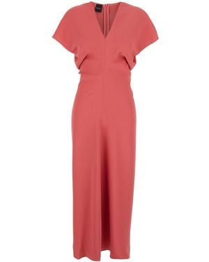 Le Plain Dress With V Neck And Short Sleeves - Red