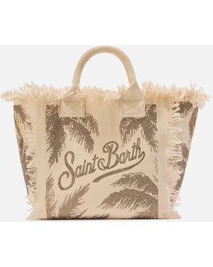 MC2 Saint Barth Canvas Vanity Regular Bag With Palm Print Rhinestones - Natural