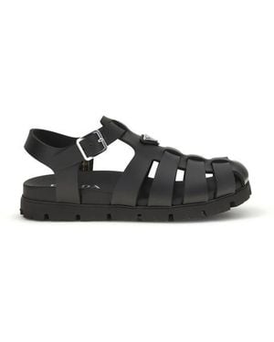 Prada Calf Leather Bos Taurus Flat Sandals - Black