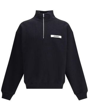 Jacquemus High Collar Zipper Sweatshirt With Monogram Patch - Blue