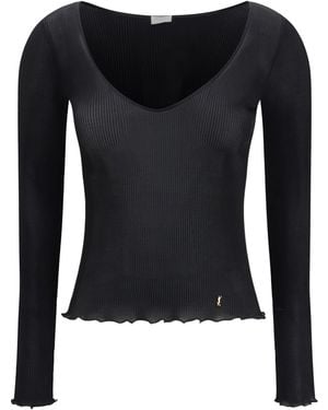 Saint Laurent Cassandre V Neck Ribbed Silk Top - Black