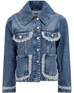Ganni Rigid Denim Jacket With Lace Details Cotton - Blue